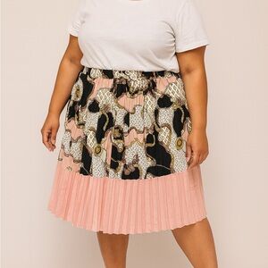 Shein Curve Pink Buchona Print High Waist Elastic Waist Pleated Skirt 4XL